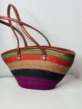 Multicolor Striped Straw Tote with Brown Handles